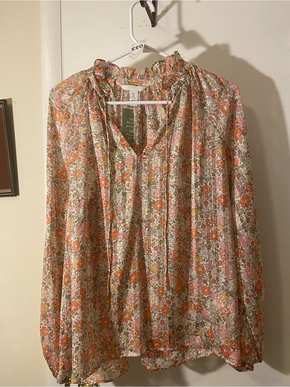 H&M Floral Ruffle-Neck Blouse in Orange and Pink